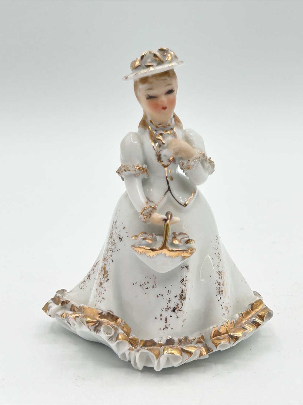 Vintage Lefton Miniature Women Figurine White Gold Signed 4"